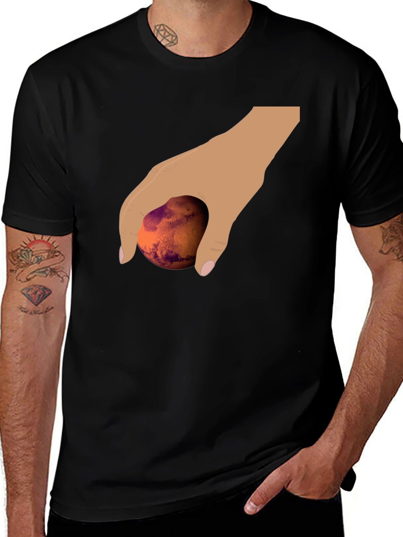 Hand Holding Mars Graphic T-Shirt - Unique Planet Tee