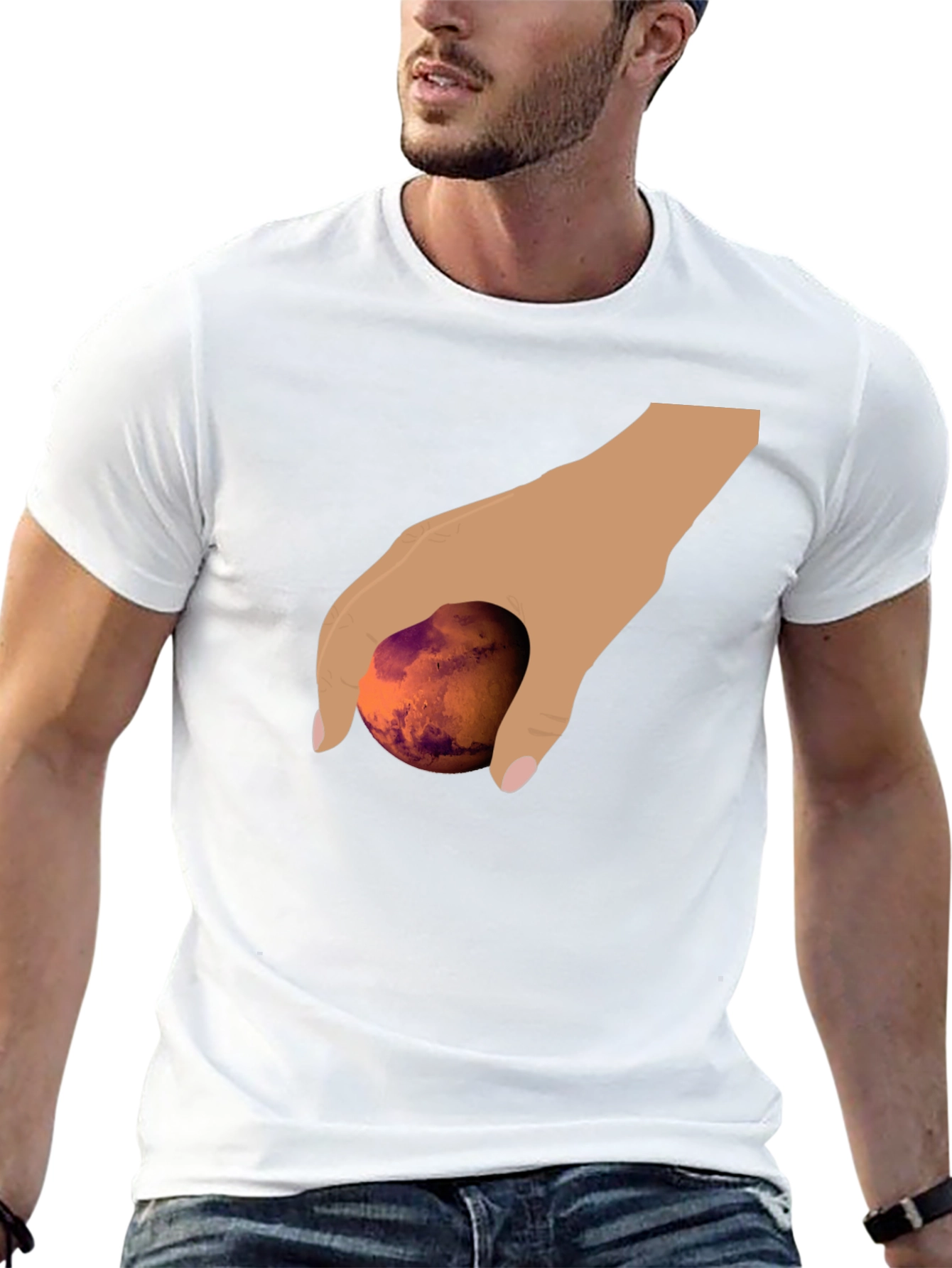 Hand Holding Mars Graphic T-Shirt - Unique Planet Tee