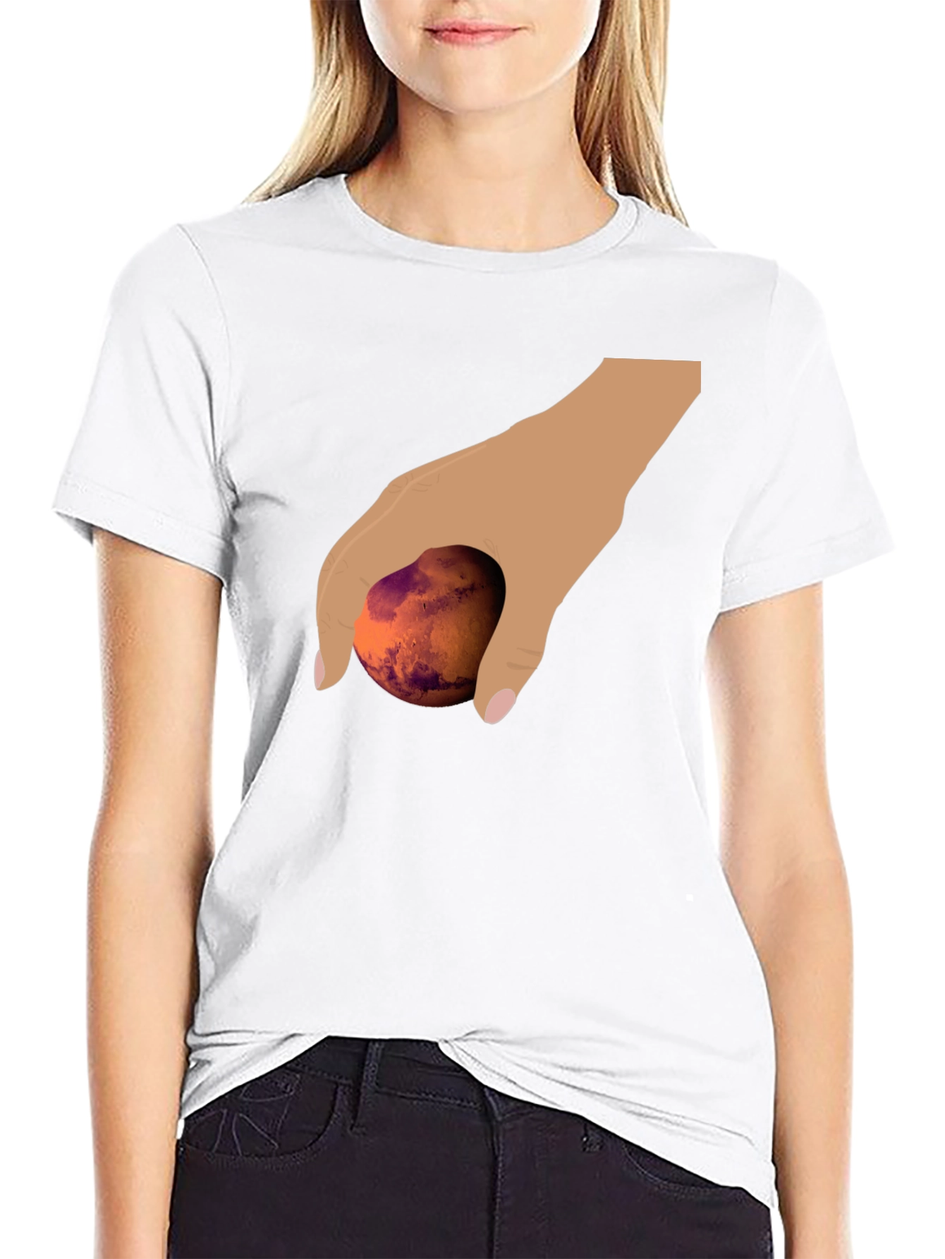 Hand Holding Mars Graphic T-Shirt - Unique Planet Tee