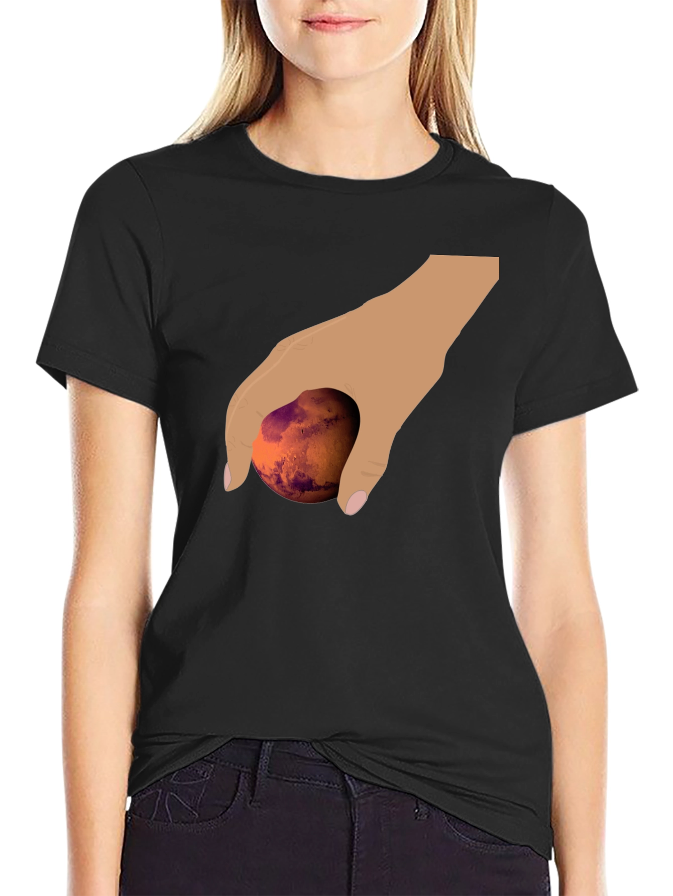 Hand Holding Mars Graphic T-Shirt - Unique Planet Tee