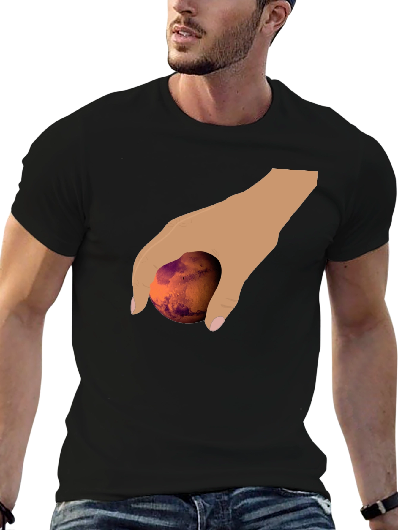 Hand Holding Mars Graphic T-Shirt - Unique Planet Tee