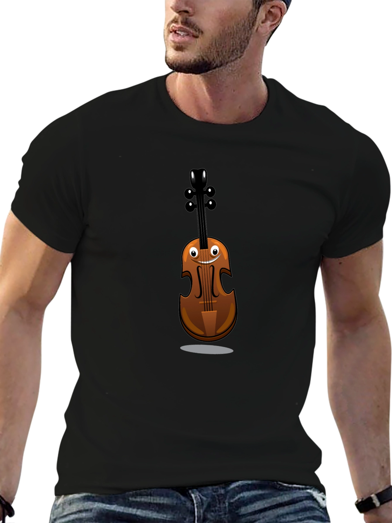 Funny Cartoon Violin Graphic Tee - Black Cotton Shirt