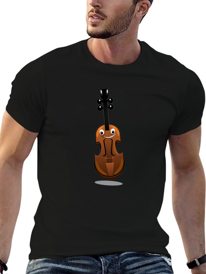 Funny Cartoon Violin Graphic Tee - Black Cotton Shirt