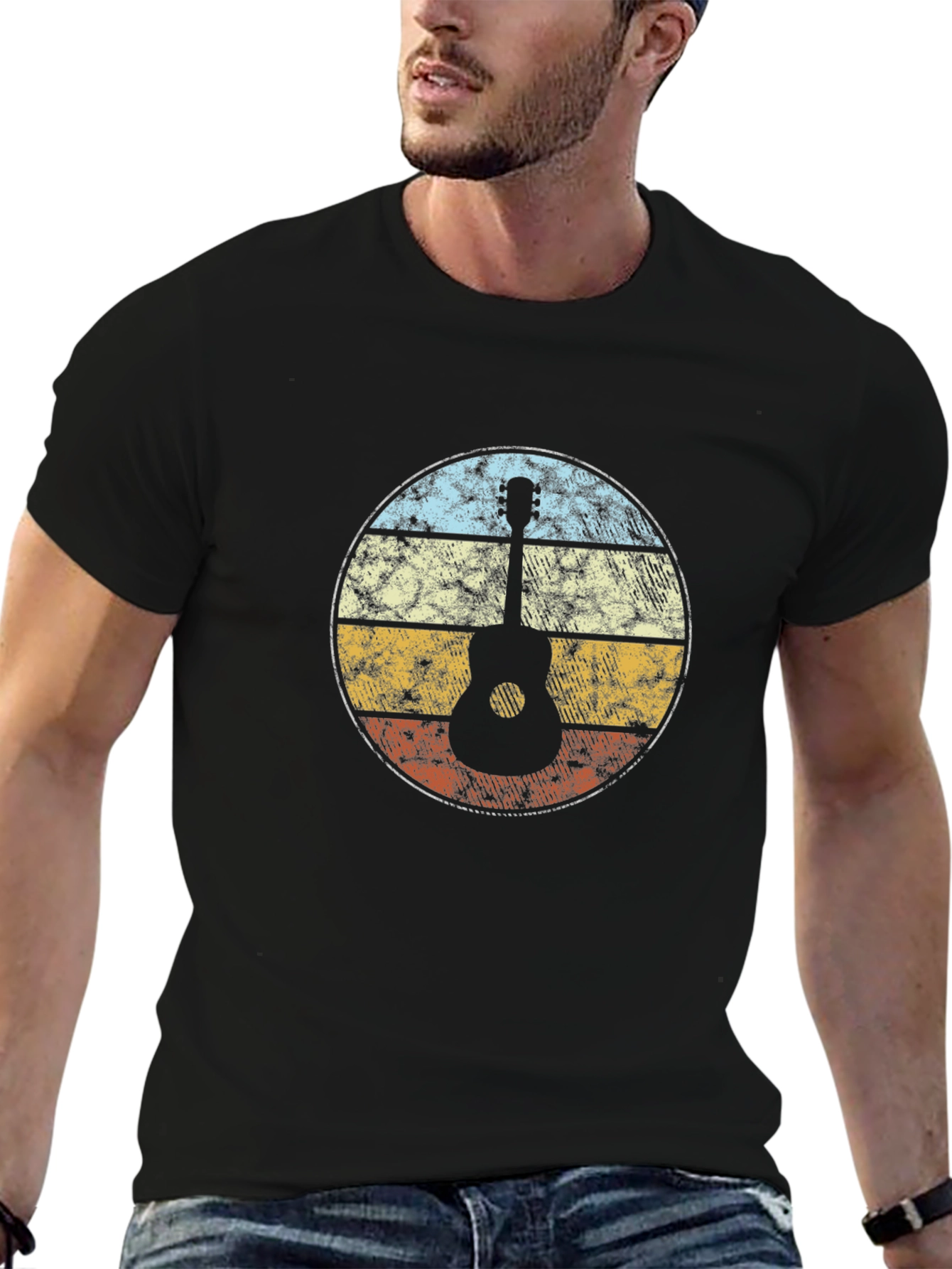 Retro Guitar Sunset Graphic Tee - Black