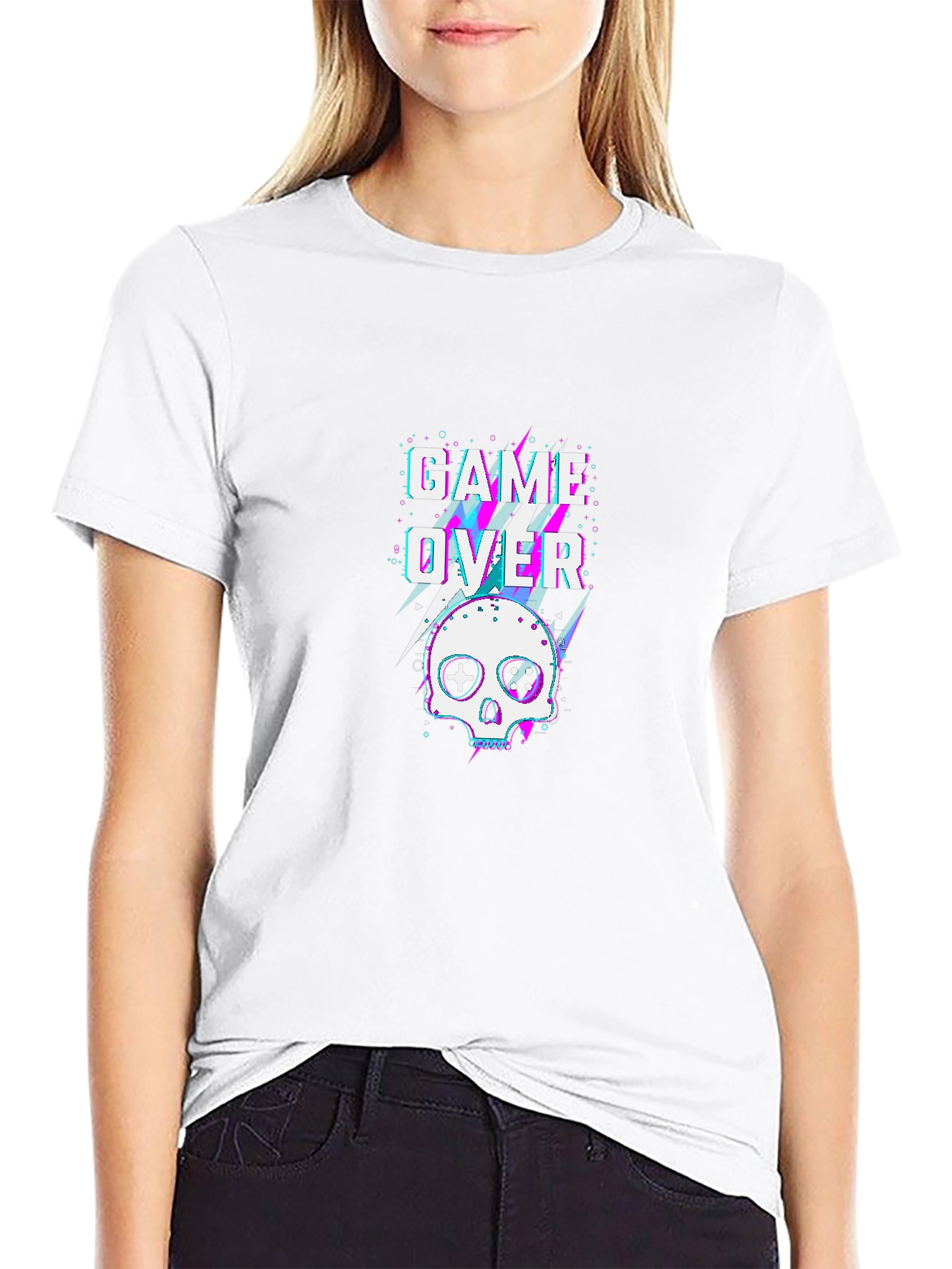 Game Over Skull Graphic Tee - Black Cotton T-Shirt