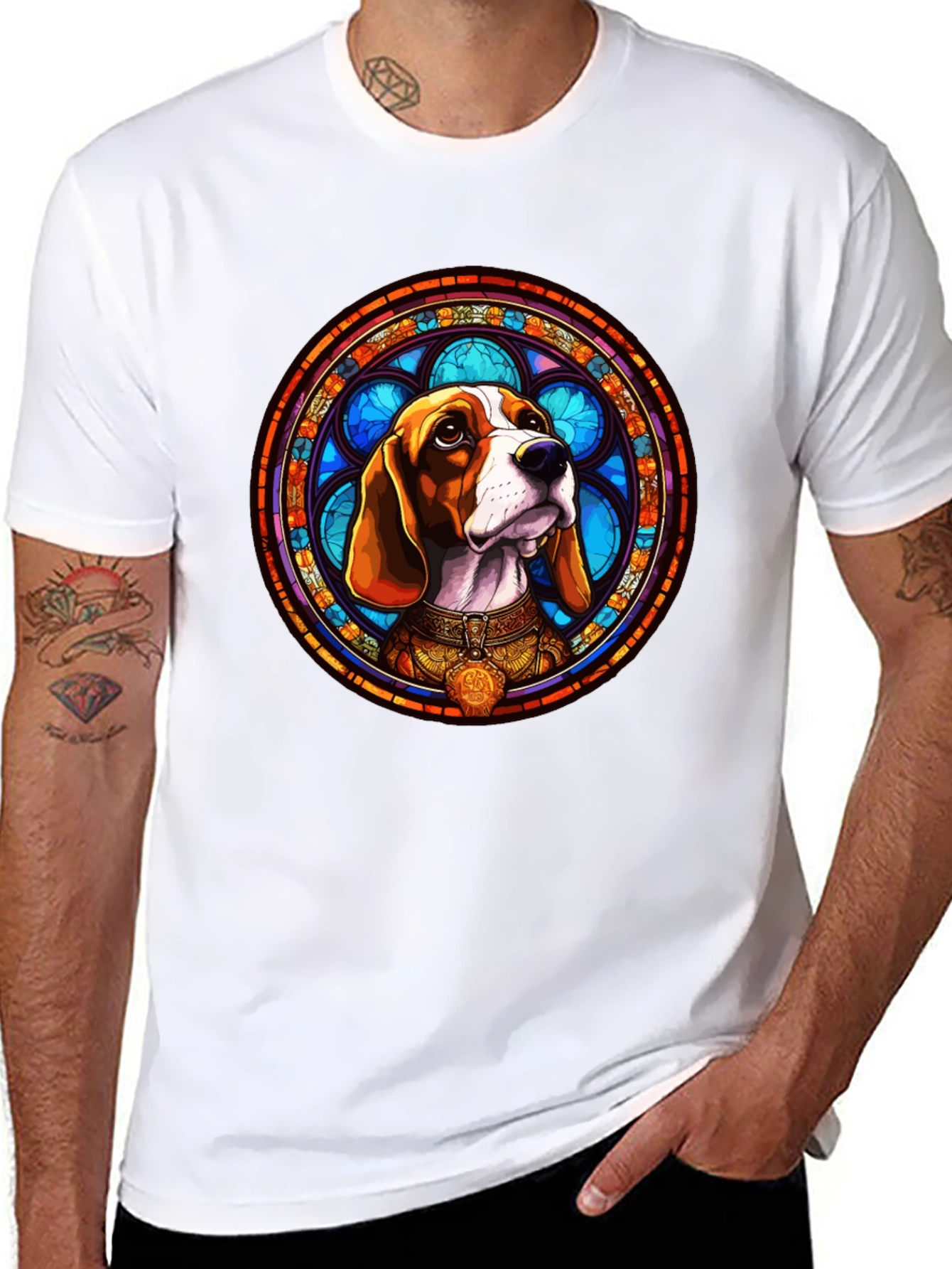 Stained Glass Beagle Dog Graphic T-Shirt