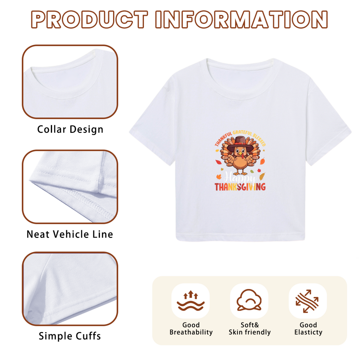 Thankful Grateful Blessed Turkey Thanksgiving Cropped Tee