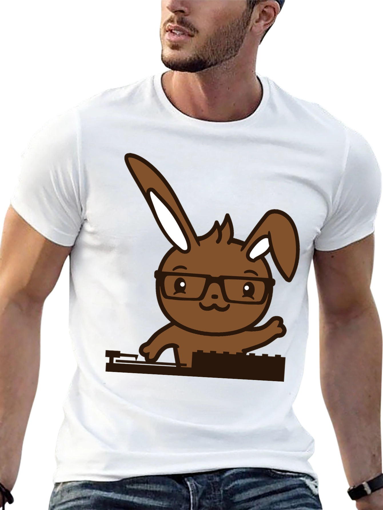 Hipster Bunny Graphic Tee - Black Cotton Blend
