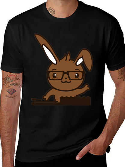 Hipster Bunny Graphic Tee - Black Cotton Blend
