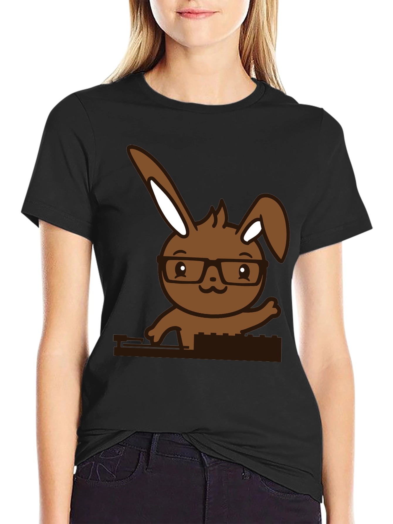 Hipster Bunny Graphic Tee - Black Cotton Blend