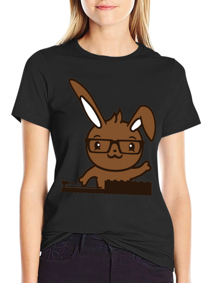 Hipster Bunny Graphic Tee - Black Cotton Blend