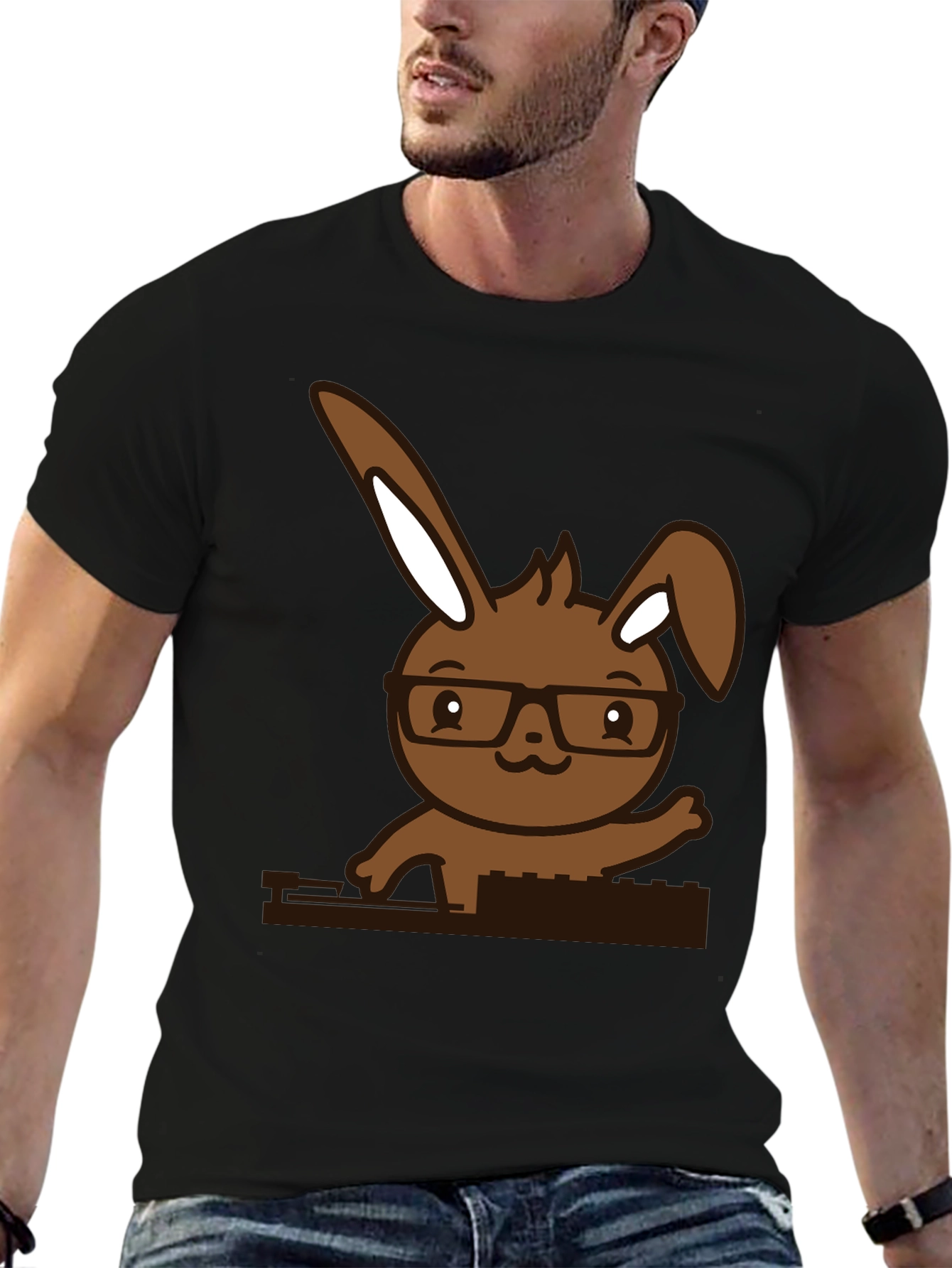Hipster Bunny Graphic Tee - Black Cotton Blend