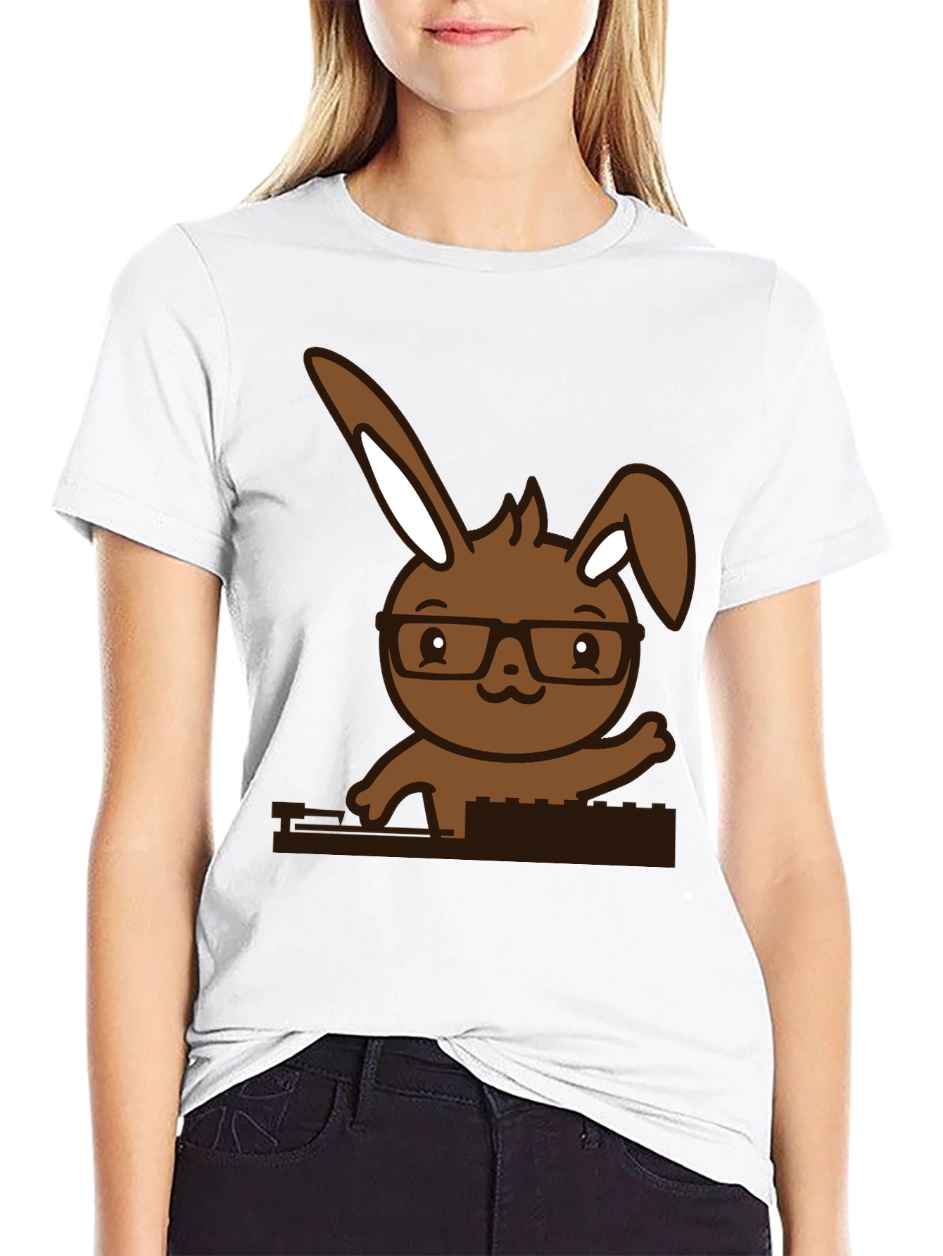Hipster Bunny Graphic Tee - Black Cotton Blend