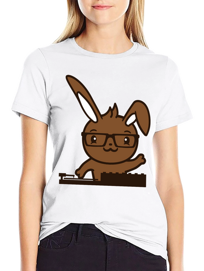 Hipster Bunny Graphic Tee - Black Cotton Blend