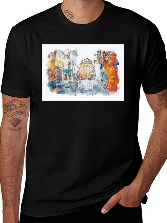 Watercolor Street Scene Graphic Black T-Shirt