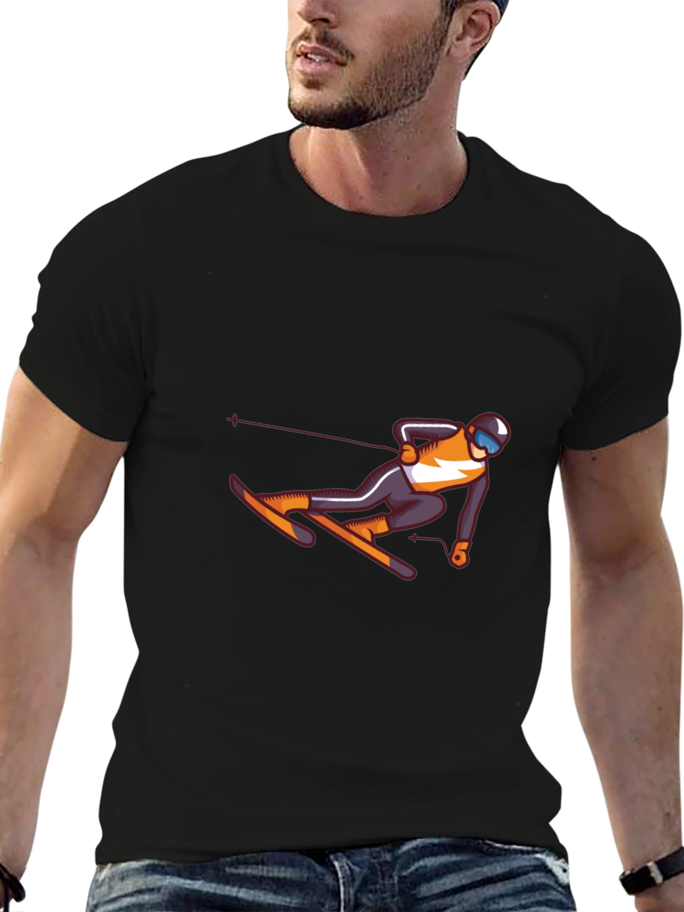Skiing Graphic Tee - Black Cotton T-Shirt