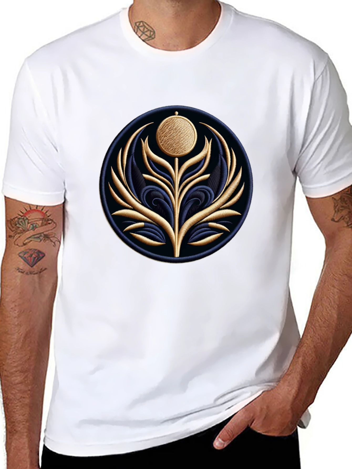 Embroidered Floral Medallion Black T-Shirt