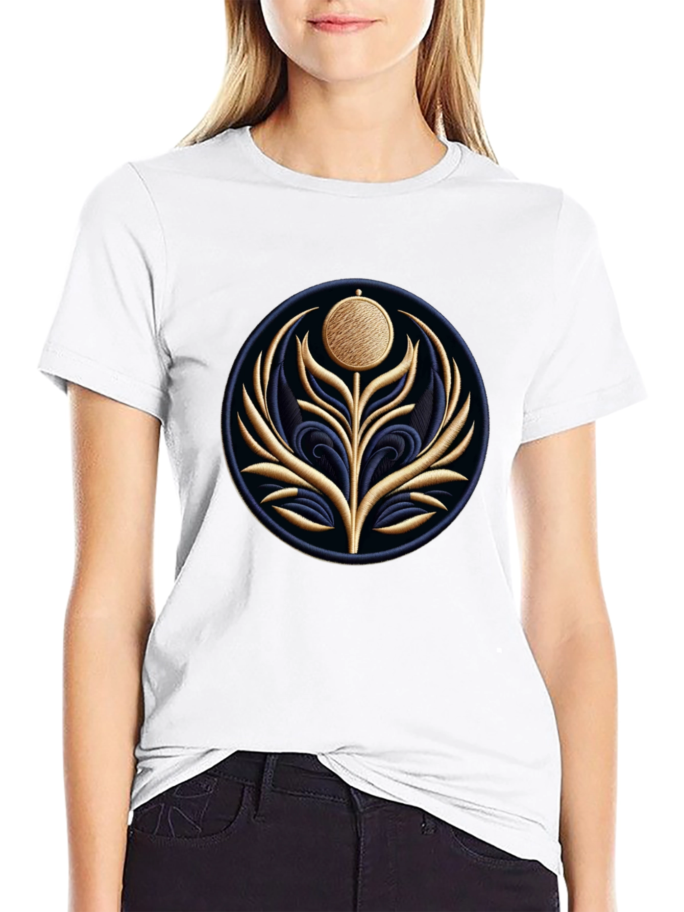 Embroidered Floral Medallion Black T-Shirt