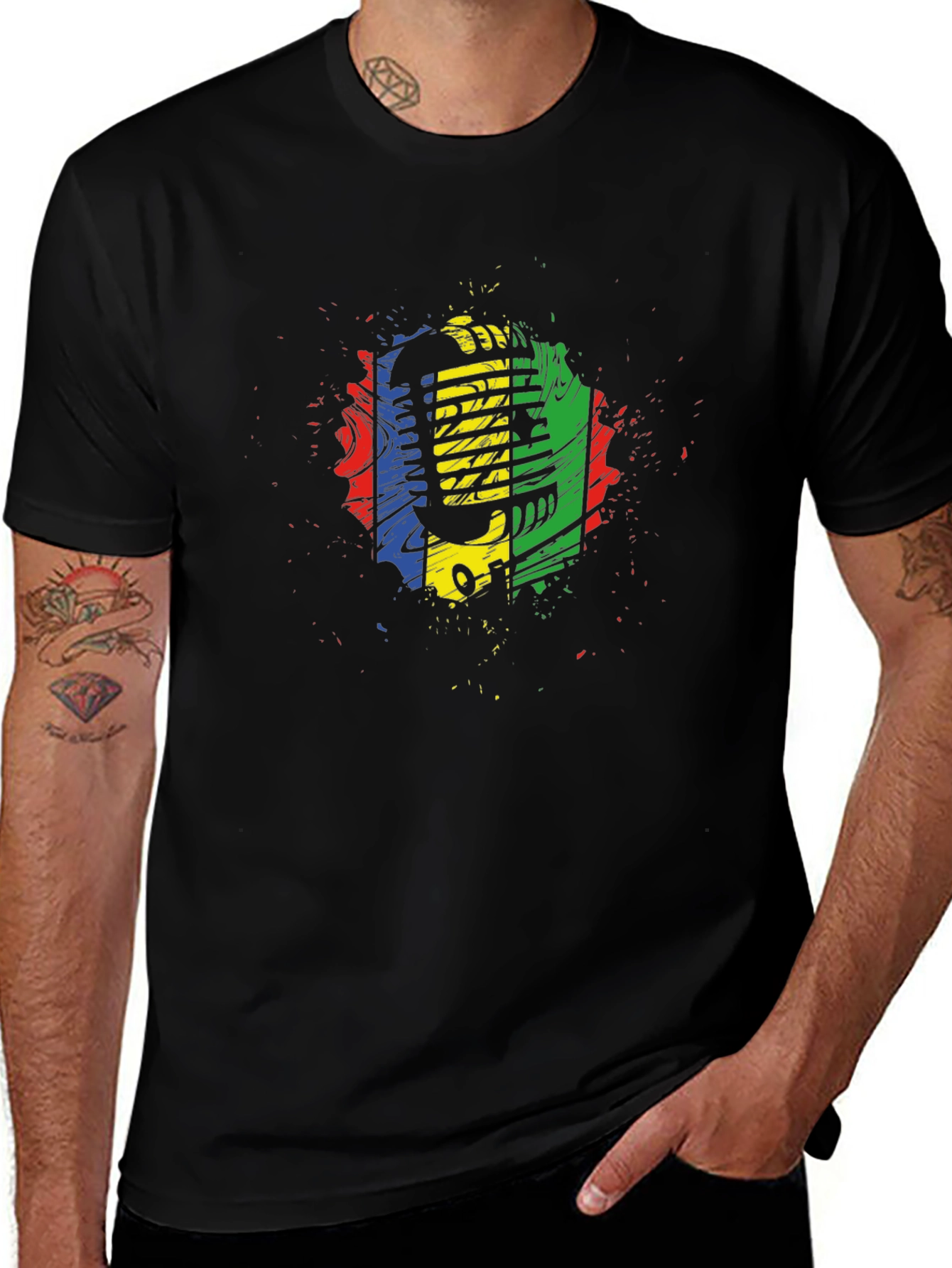 Retro Microphone Graphic Tee - Black Cotton Blend
