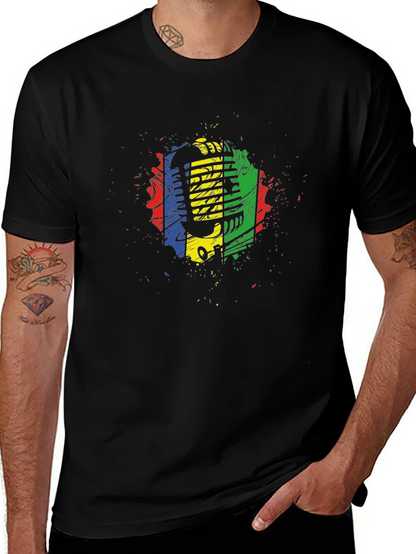 Retro Microphone Graphic Tee - Black Cotton Blend