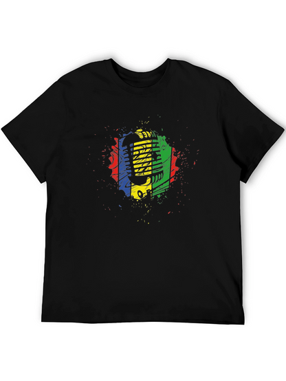 Retro Microphone Graphic Tee - Black Cotton Blend
