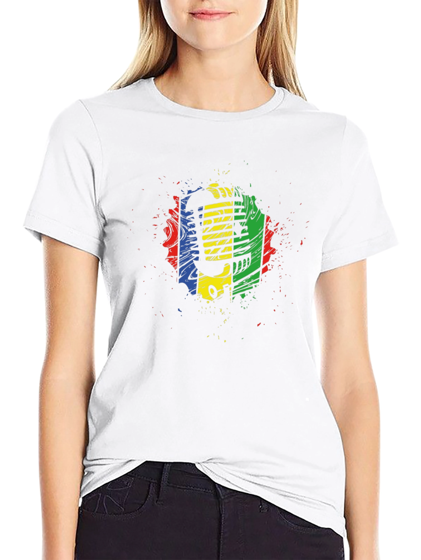 Retro Microphone Graphic Tee - Black Cotton Blend