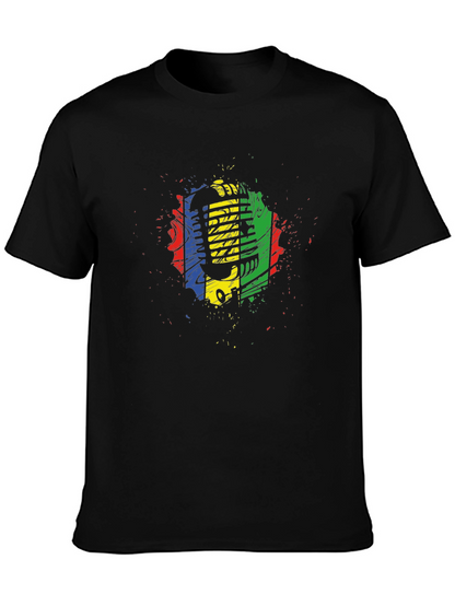 Retro Microphone Graphic Tee - Black Cotton Blend