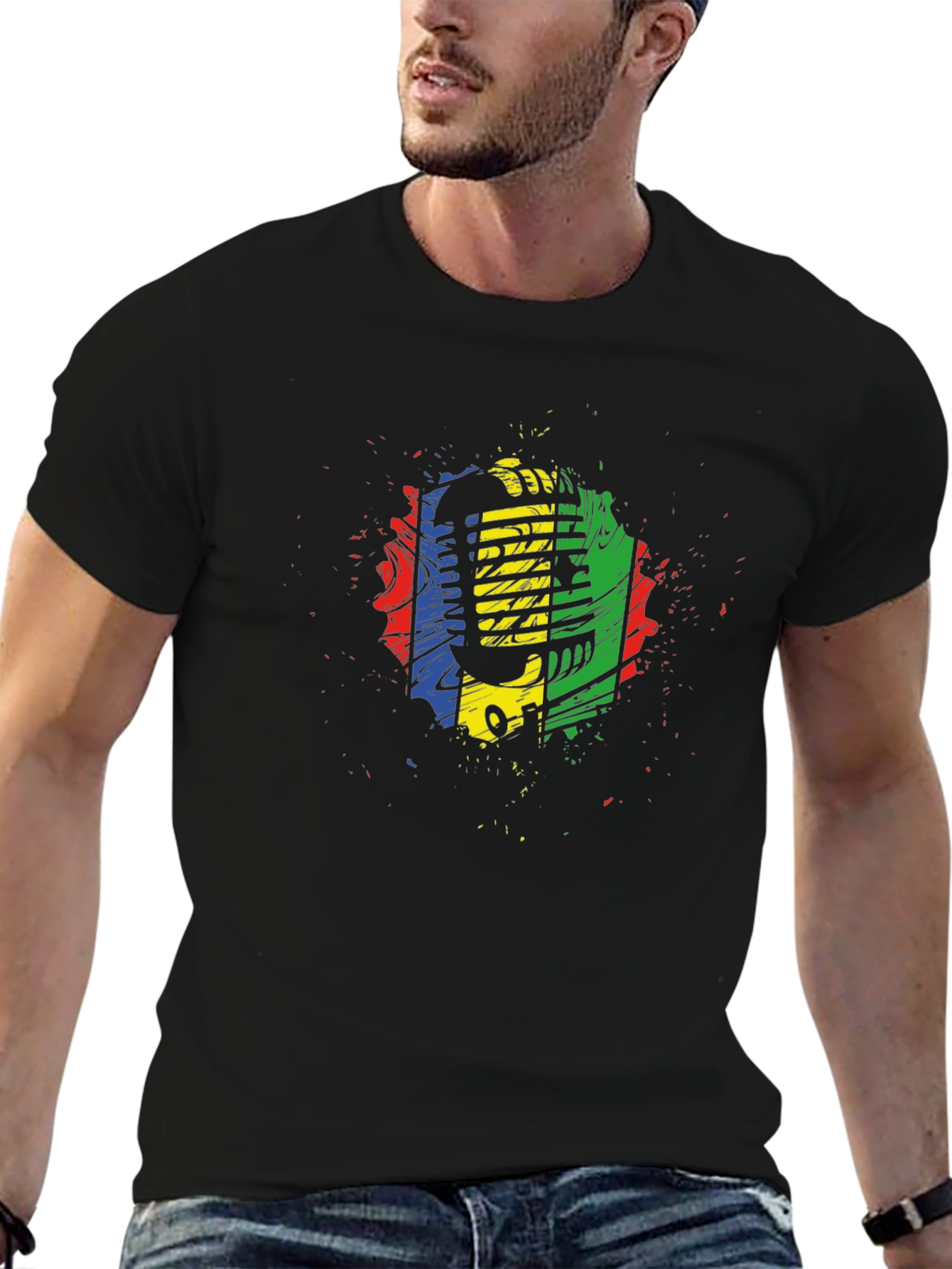 Retro Microphone Graphic Tee - Black Cotton Blend