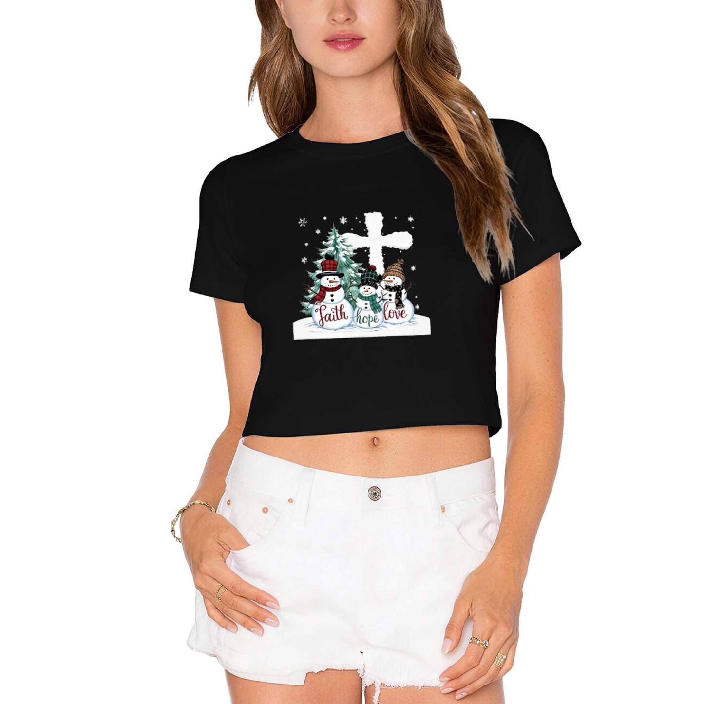 Faith Hope Love Snowman Cross Christmas Holiday Crop Tee