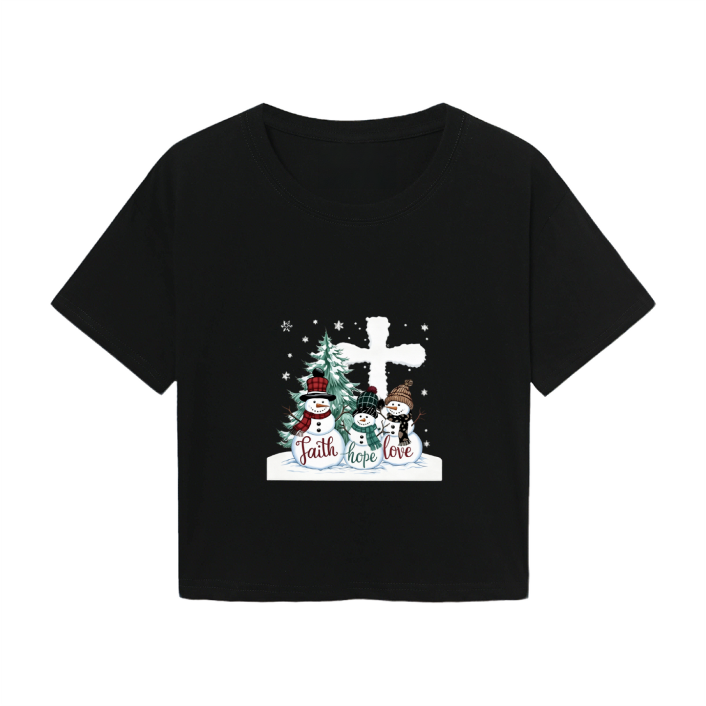 Faith Hope Love Snowman Cross Christmas Holiday Crop Tee