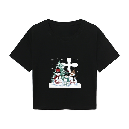 Faith Hope Love Snowman Cross Christmas Holiday Crop Tee