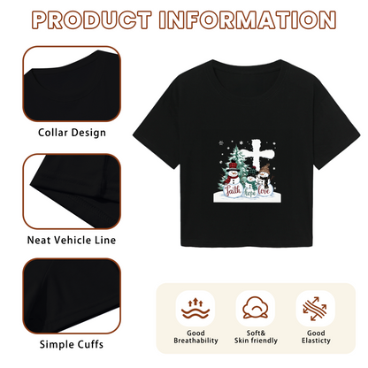 Faith Hope Love Snowman Cross Christmas Holiday Crop Tee
