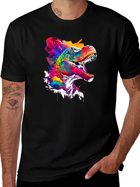 Colorful Dinosaur Graphic Print Black T-Shirt