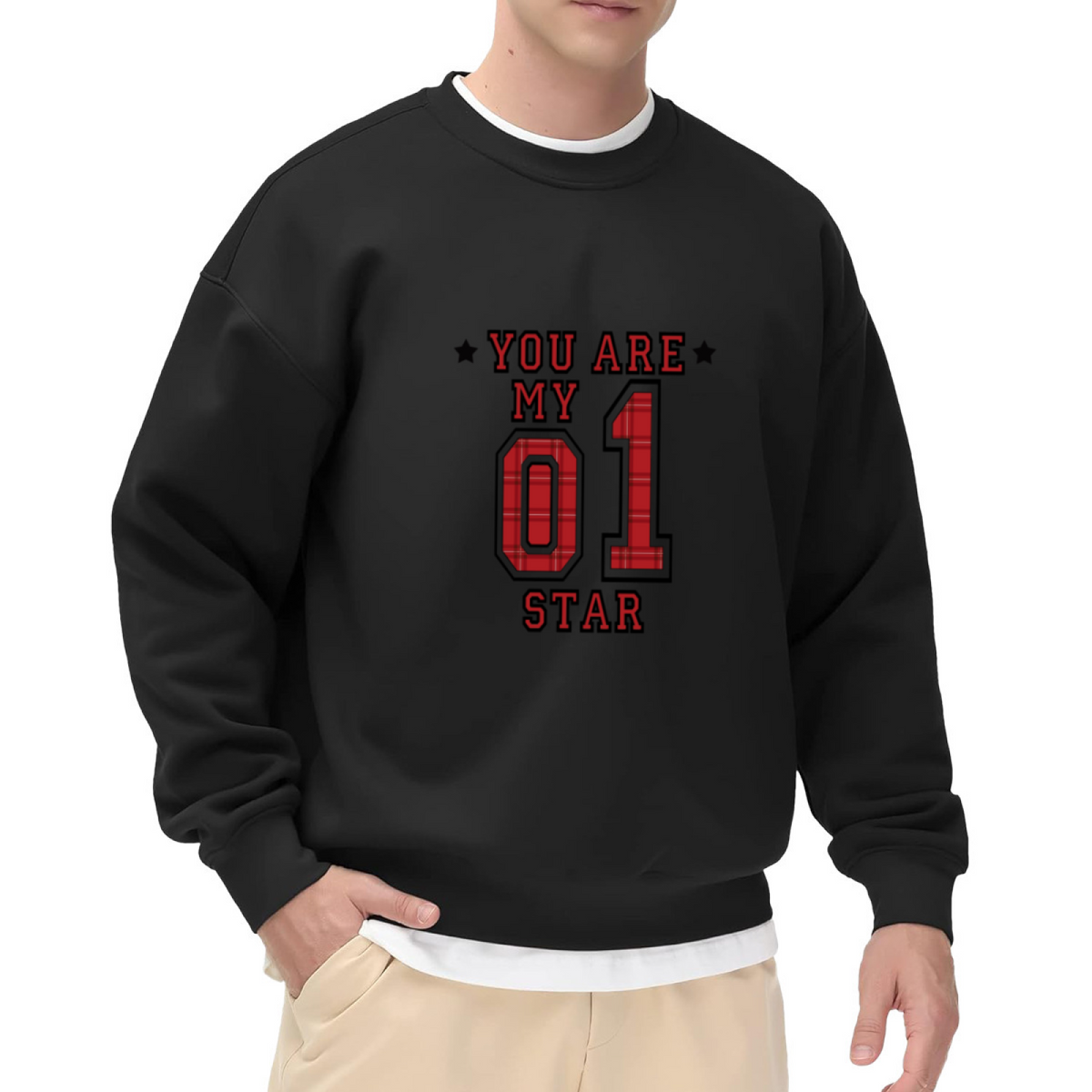 You Are My 01 Star Crewneck Sweatshirt - Athletic Red Plaid Sports Pullover