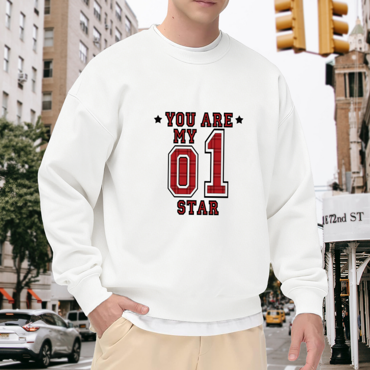 You Are My 01 Star Crewneck Sweatshirt - Athletic Red Plaid Sports Pullover