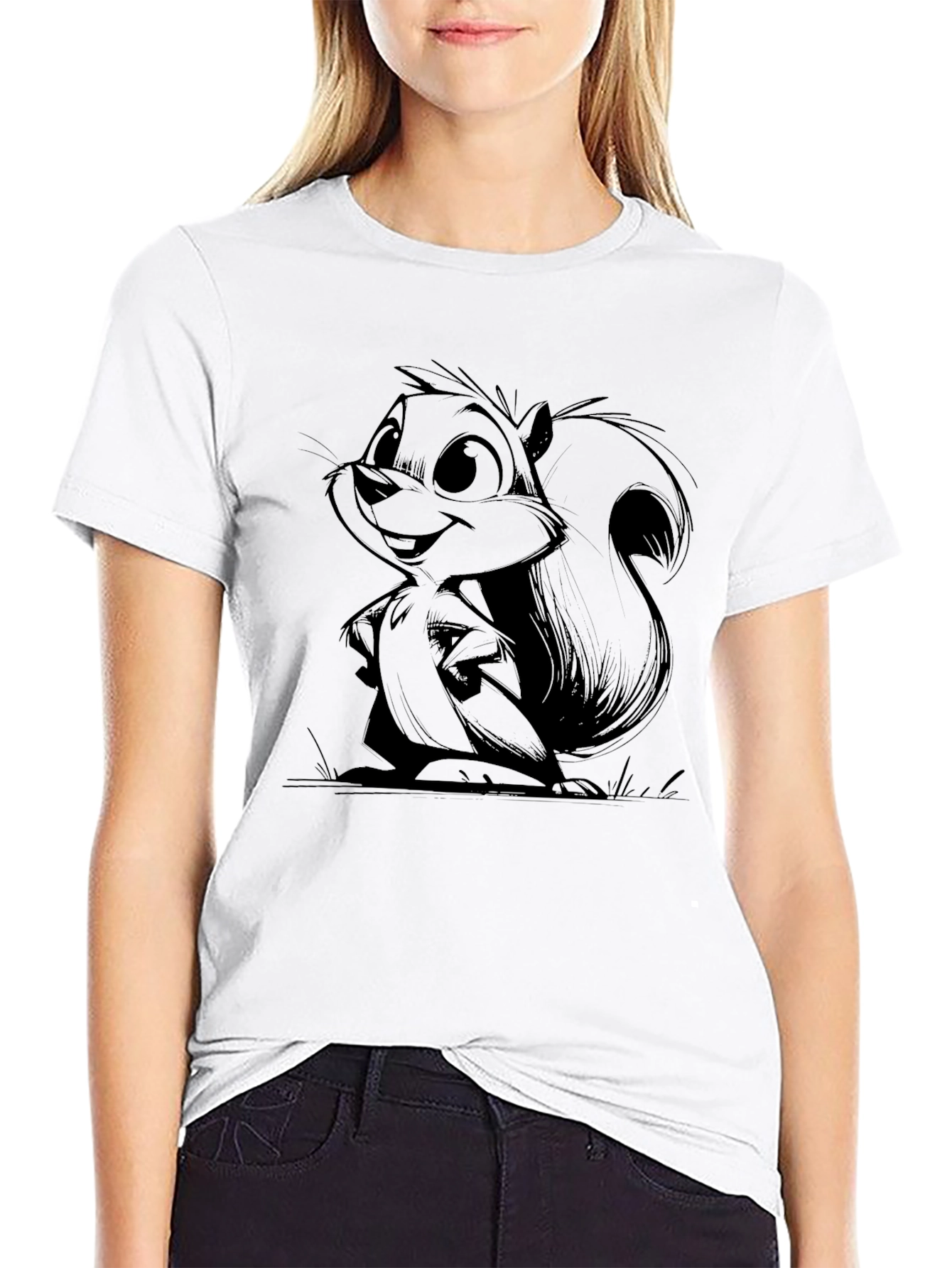 Cartoon Squirrel Graphic Black Tee