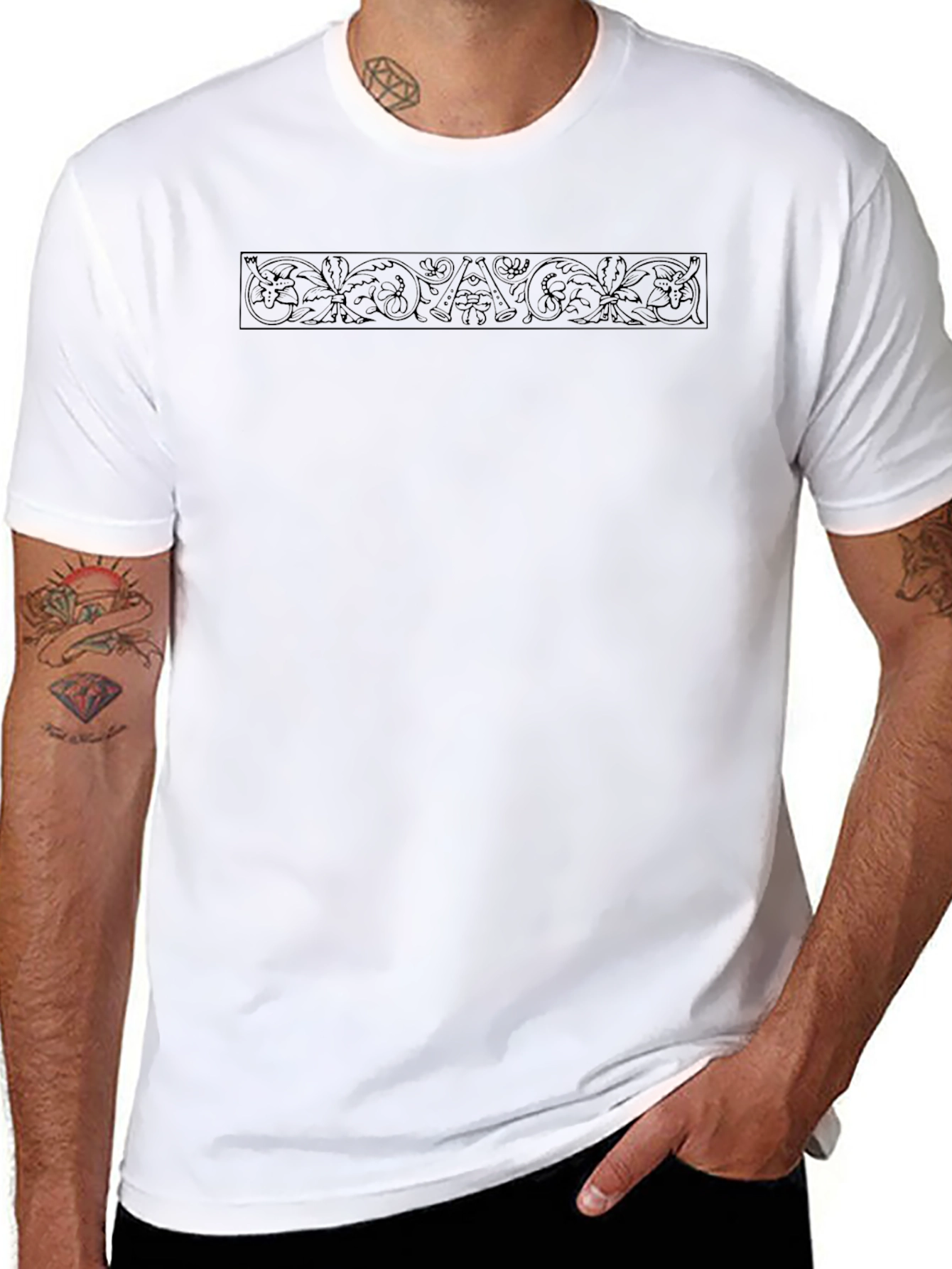 Elegant Black Crew Neck Tee with Ornamental Design