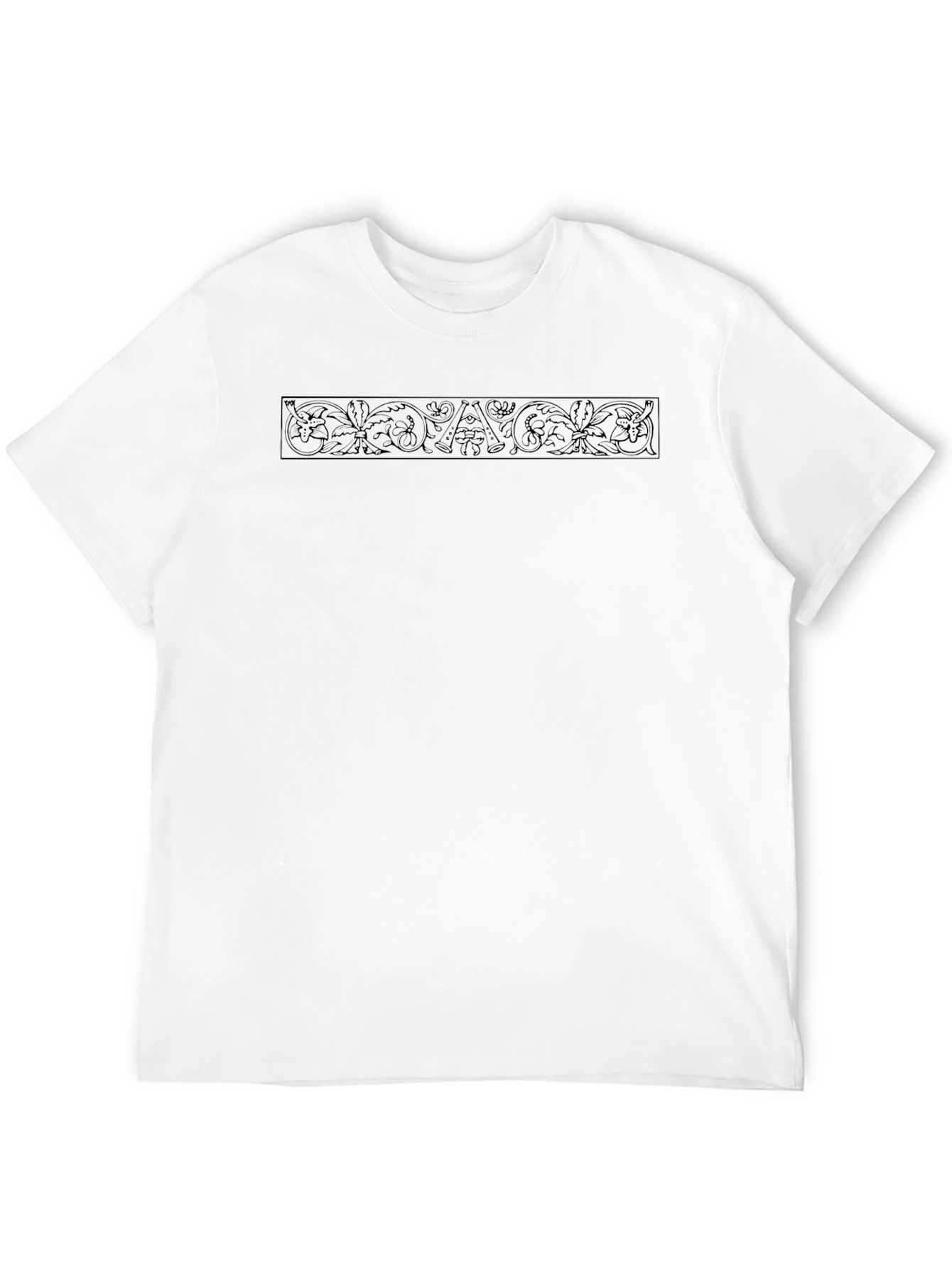 Elegant Black Crew Neck Tee with Ornamental Design