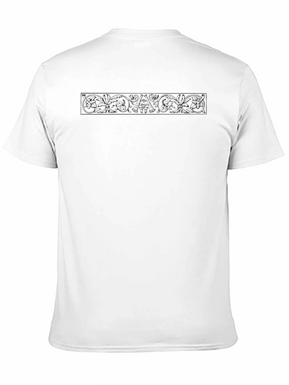 Elegant Black Crew Neck Tee with Ornamental Design