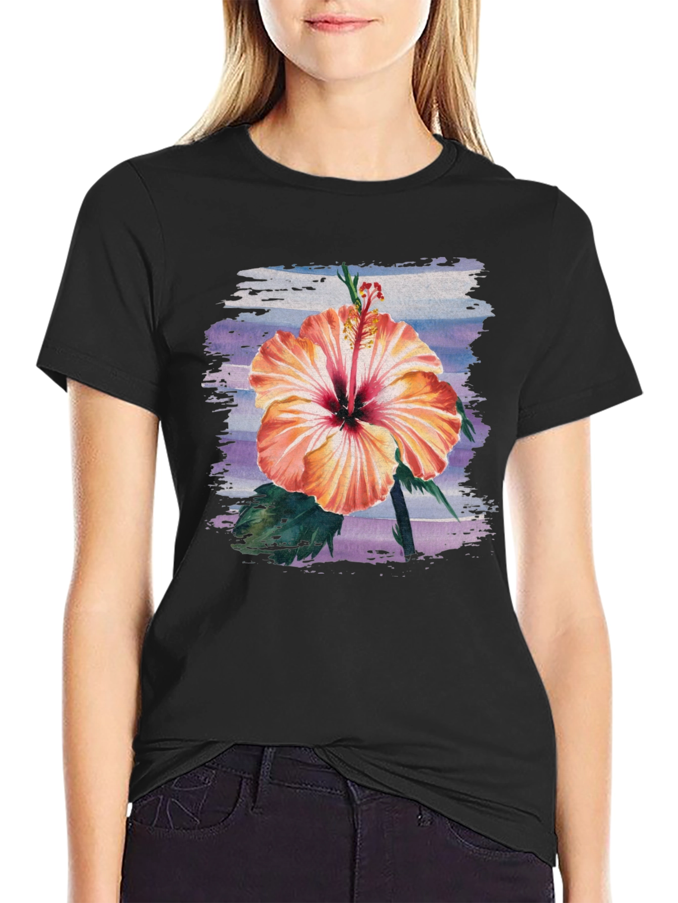Hibiscus Flower Graphic Black T-Shirt