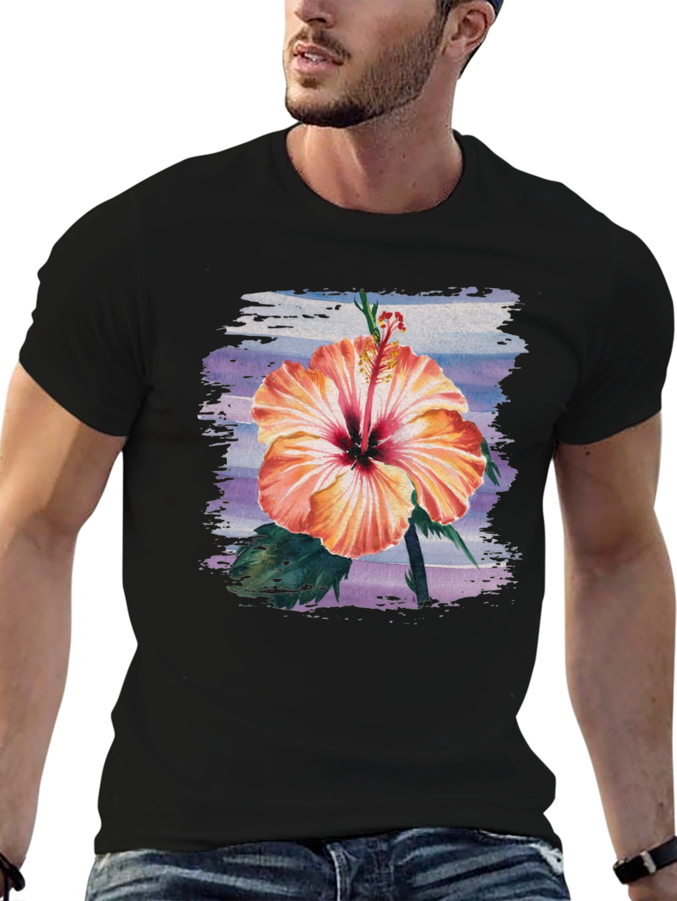 Hibiscus Flower Graphic Black T-Shirt
