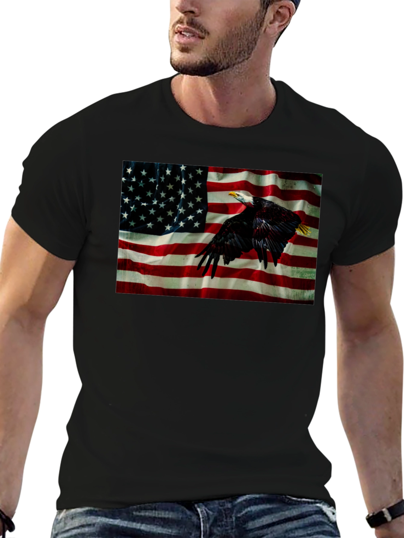 Eagle & US Flag Graphic Black T-Shirt