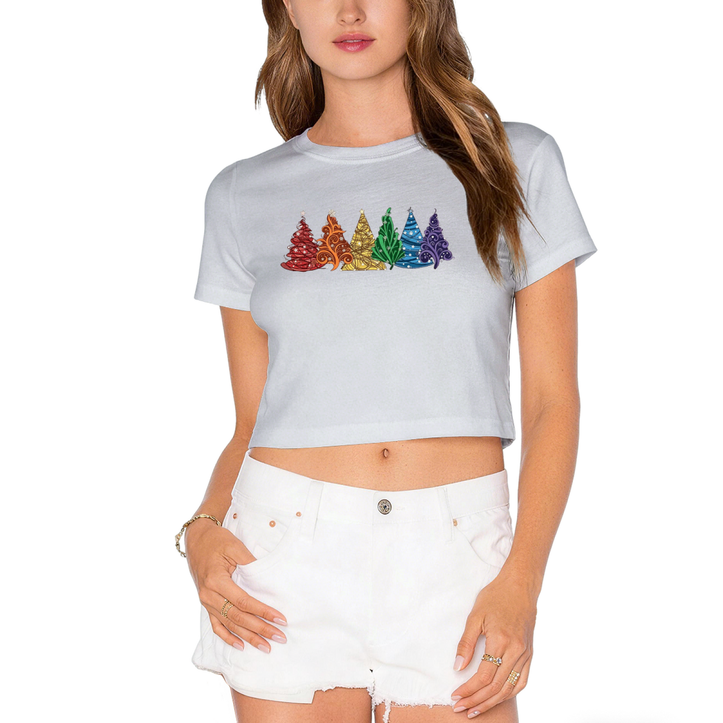 Rainbow Colorful Christmas Trees Trendy Crop Tee