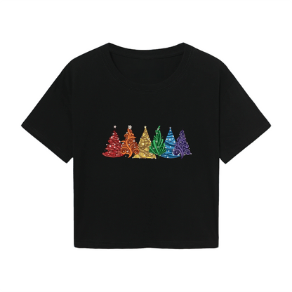 Rainbow Colorful Christmas Trees Trendy Crop Tee