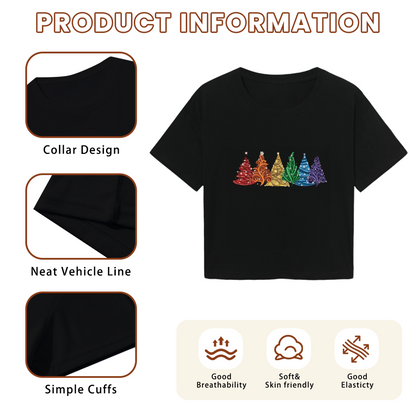 Rainbow Colorful Christmas Trees Trendy Crop Tee