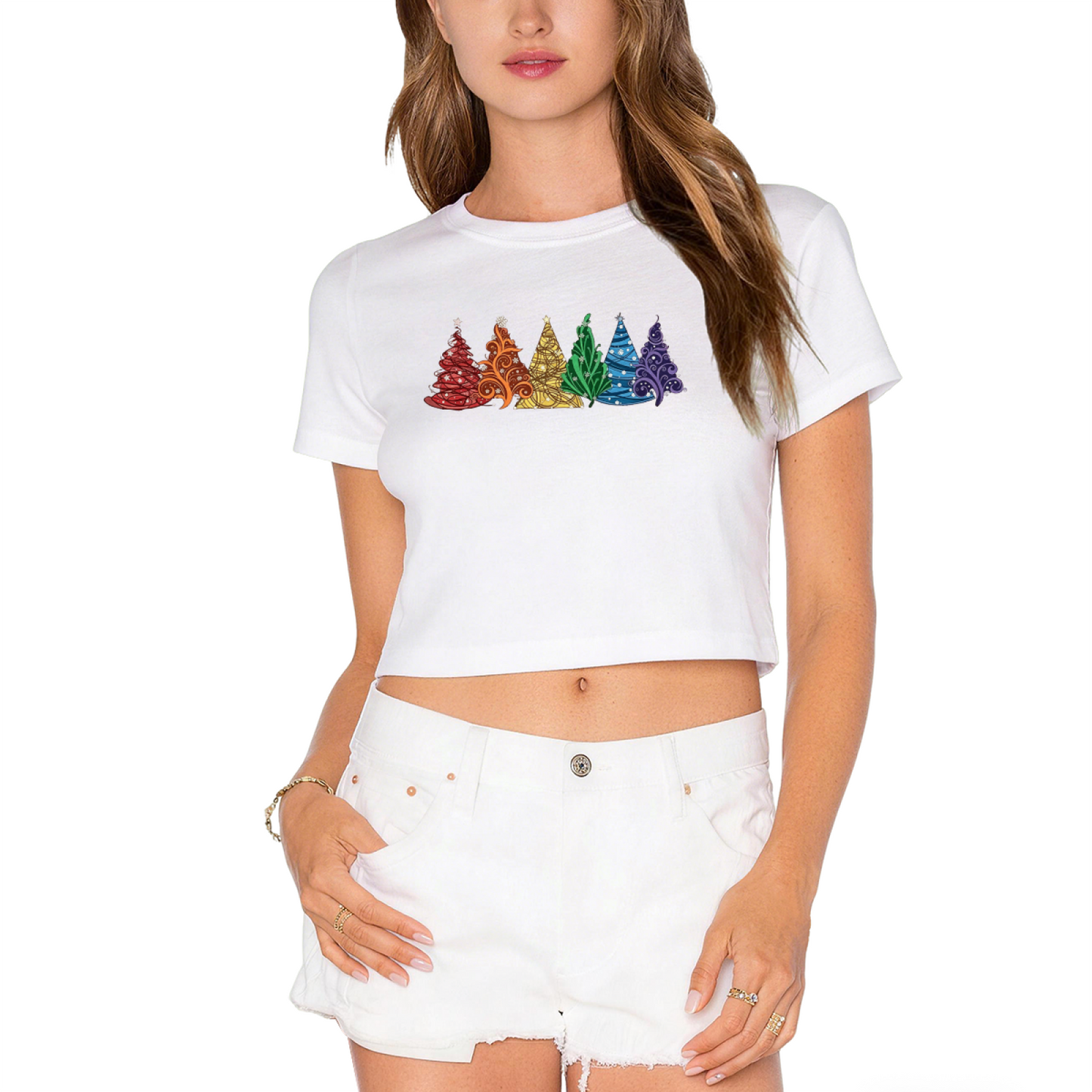 Rainbow Colorful Christmas Trees Trendy Crop Tee