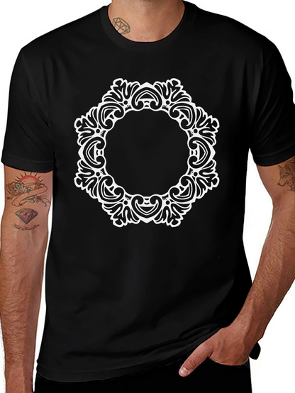 Elegant Black Tee with Ornate White Circle Design