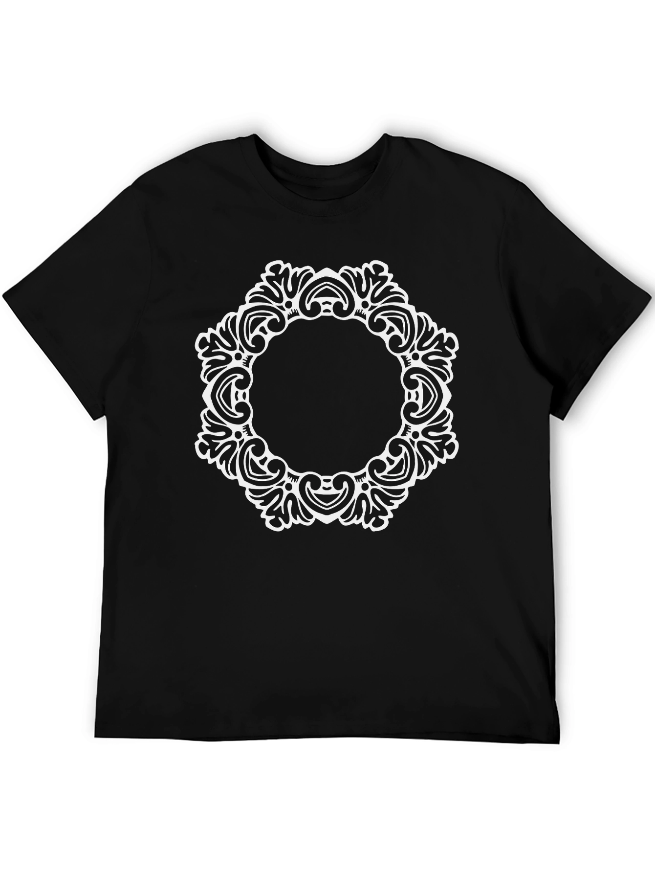 Elegant Black Tee with Ornate White Circle Design