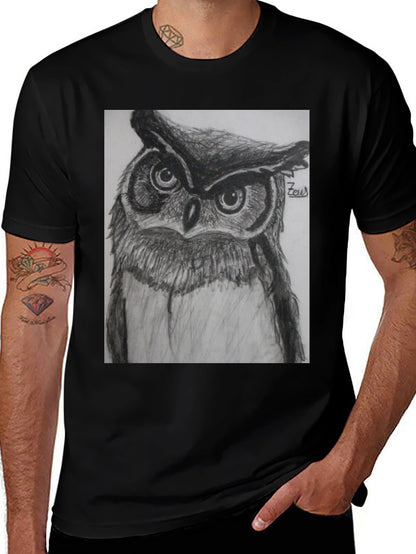 Owl Sketch Graphic Print Black T-Shirt
