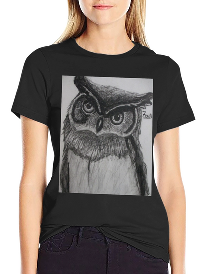 Owl Sketch Graphic Print Black T-Shirt